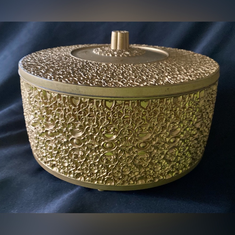 Vintage MCM Ornate Gold Hollywood Regency Round Lidded Storage Sewing Box